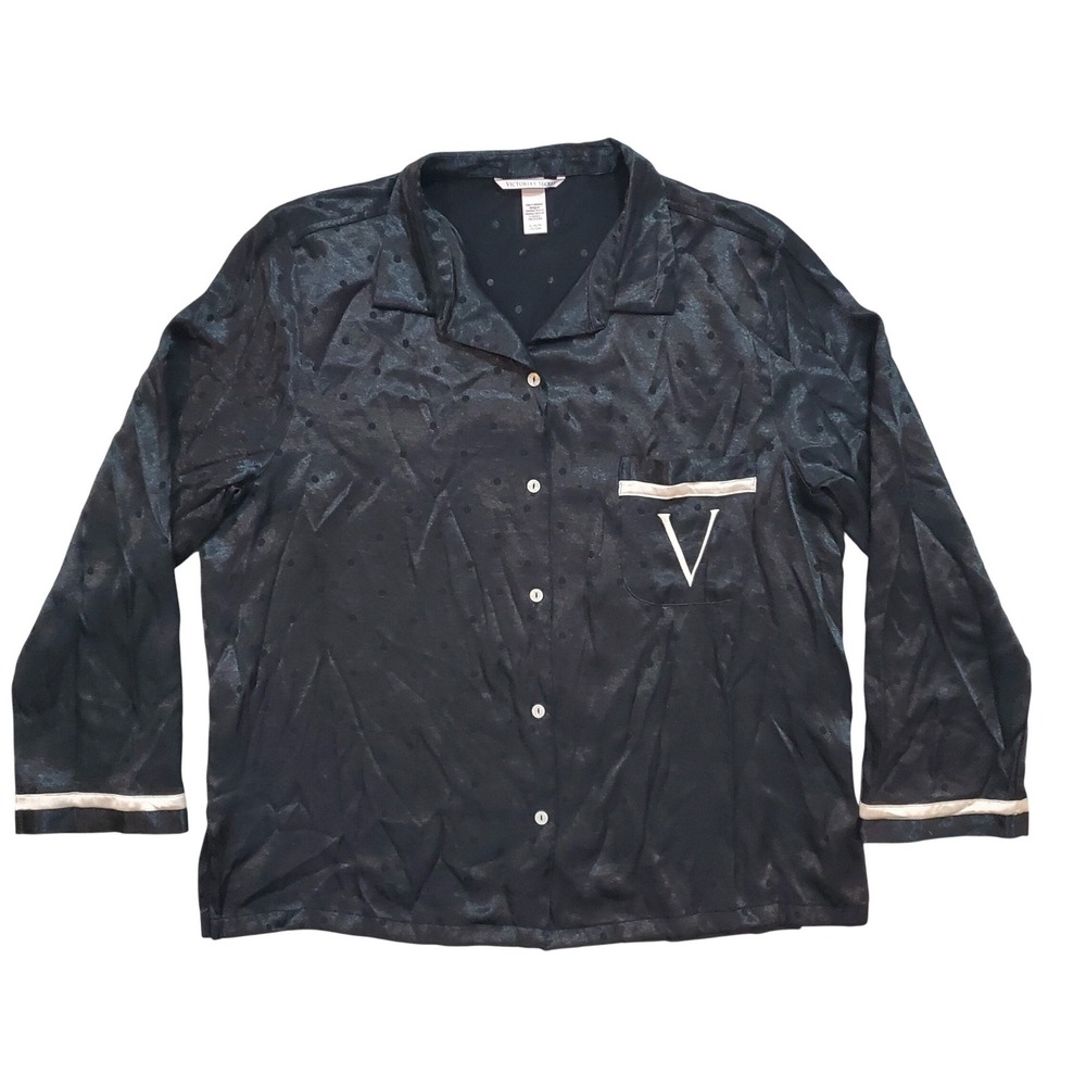 Victoria's Secret Black Satin Polka Dot Pajama Top XL V Logo Button Up Sexy